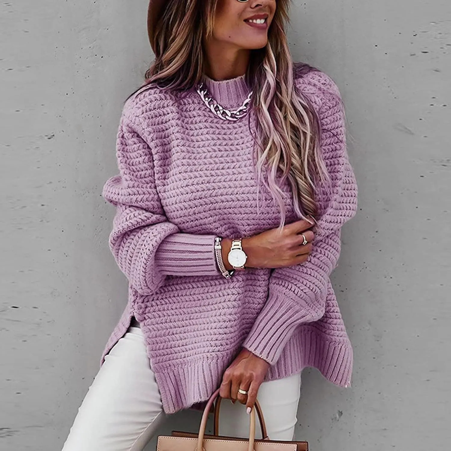 Womens Oversized Sweater Long Sleeve Spilt Hem Pullover Sweaters Cable Knit Chunky Jumper Tops Cozy Soft Knitwear