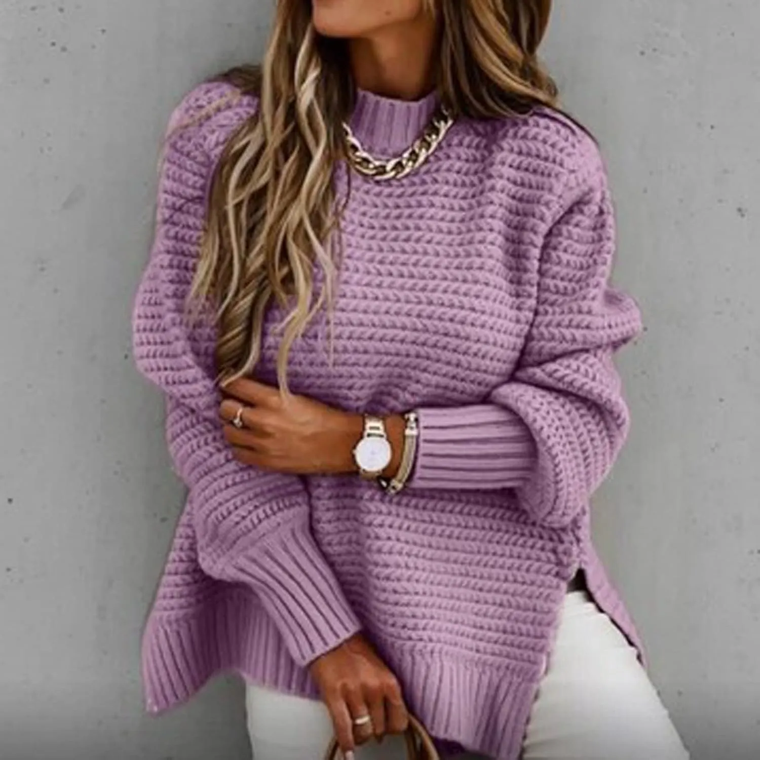 Womens Oversized Sweater Long Sleeve Spilt Hem Pullover Sweaters Cable Knit Chunky Jumper Tops Cozy Soft Knitwear