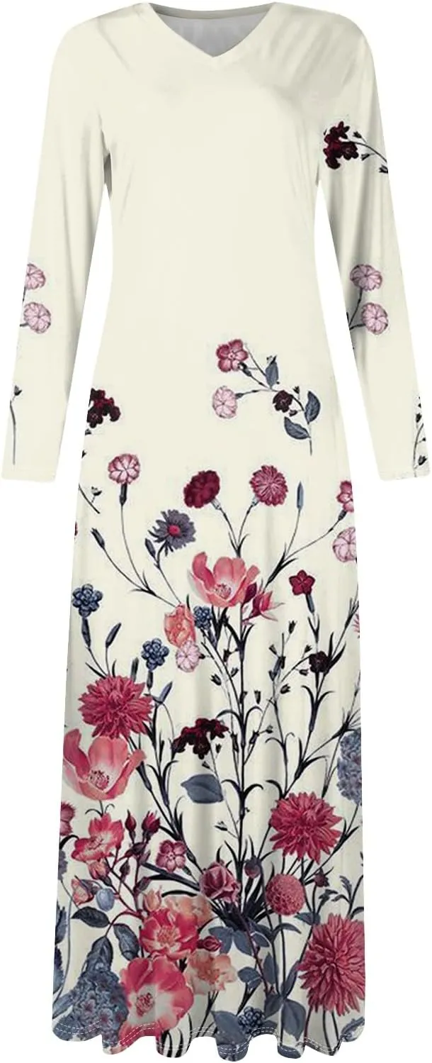 Women's Party Dresses 2025 Summer Casual Loose Trendy V-Neck Long Sleeve Solid Boho Floral Print Maxi Dress Plus Size, S-3XL
