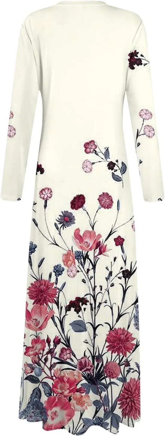 Women's Party Dresses 2025 Summer Casual Loose Trendy V-Neck Long Sleeve Solid Boho Floral Print Maxi Dress Plus Size, S-3XL
