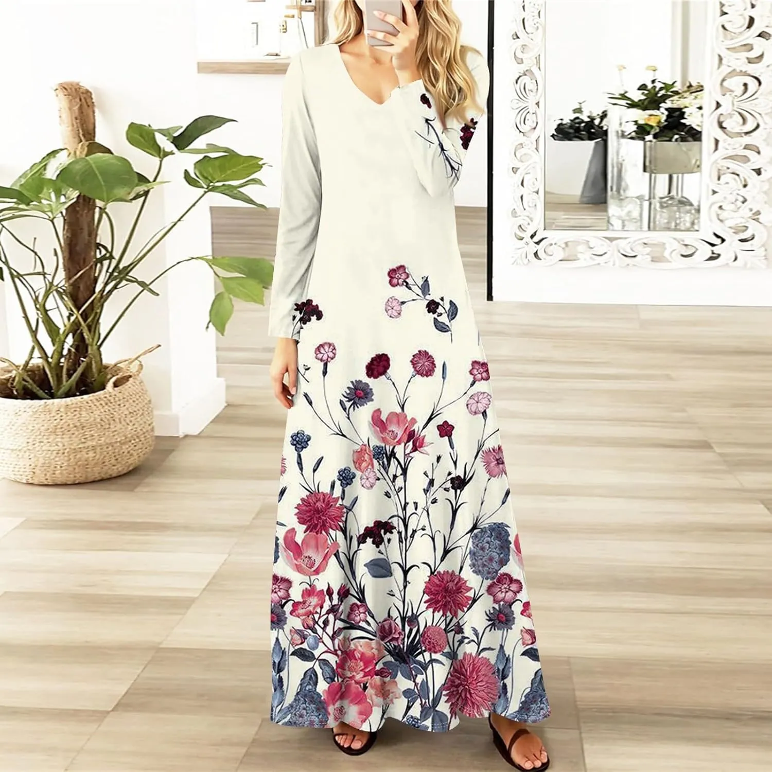 Women's Party Dresses 2025 Summer Casual Loose Trendy V-Neck Long Sleeve Solid Boho Floral Print Maxi Dress Plus Size, S-3XL