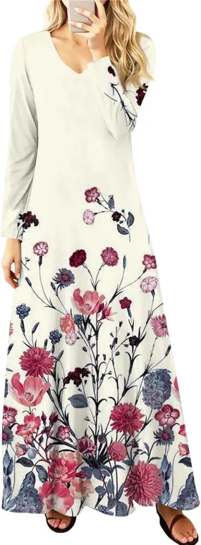 Women's Party Dresses 2025 Summer Casual Loose Trendy V-Neck Long Sleeve Solid Boho Floral Print Maxi Dress Plus Size, S-3XL