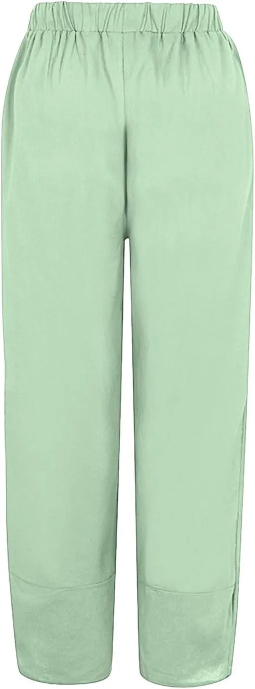 Women's Summer Cotton Linen Pants Dandelion Tulip Hem Trendy Elastic Waist Casual Pants Stretchy Lounge Trousers