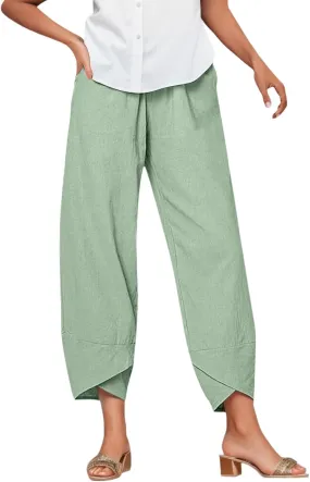 Women's Summer Cotton Linen Pants Dandelion Tulip Hem Trendy Elastic Waist Casual Pants Stretchy Lounge Trousers