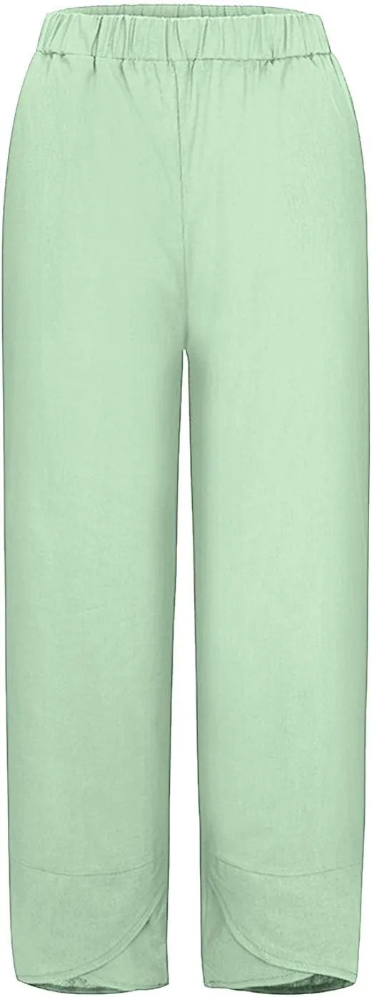 Women's Summer Cotton Linen Pants Dandelion Tulip Hem Trendy Elastic Waist Casual Pants Stretchy Lounge Trousers