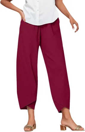 Women's Summer Cotton Linen Pants Dandelion Tulip Hem Trendy Elastic Waist Casual Pants Stretchy Lounge Trousers
