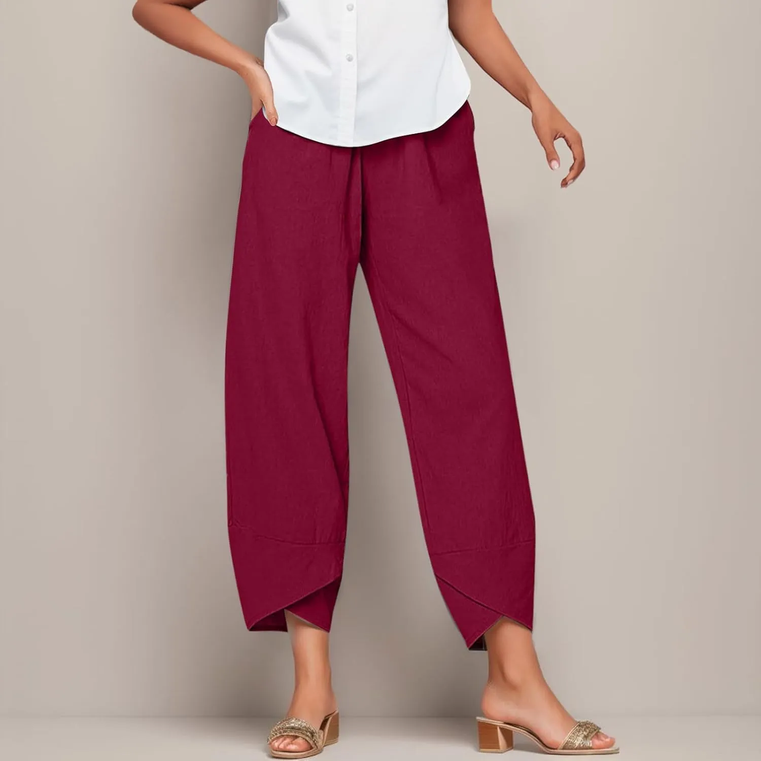 Women's Summer Cotton Linen Pants Dandelion Tulip Hem Trendy Elastic Waist Casual Pants Stretchy Lounge Trousers