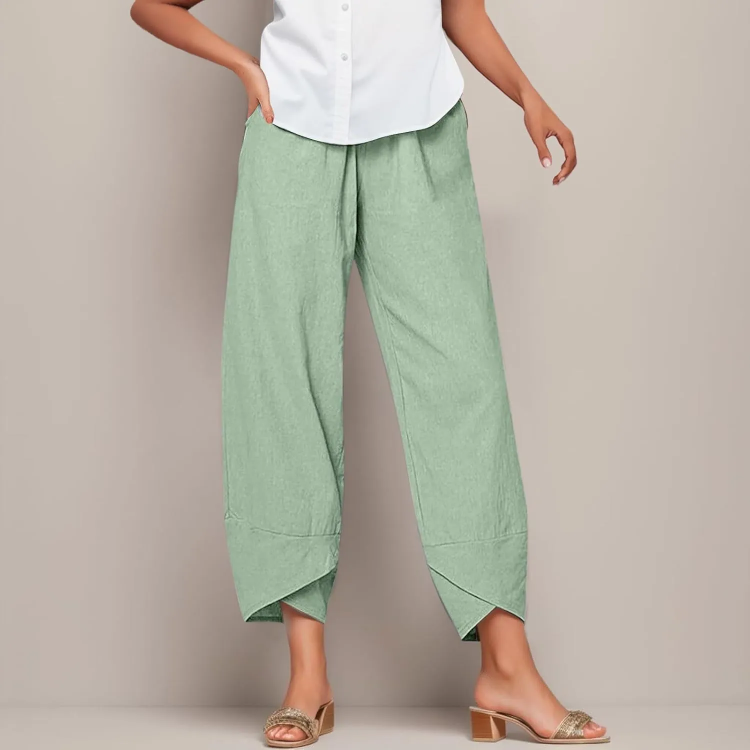 Women's Summer Cotton Linen Pants Dandelion Tulip Hem Trendy Elastic Waist Casual Pants Stretchy Lounge Trousers
