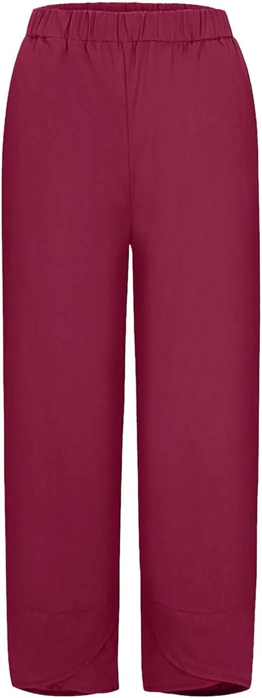 Women's Summer Cotton Linen Pants Dandelion Tulip Hem Trendy Elastic Waist Casual Pants Stretchy Lounge Trousers