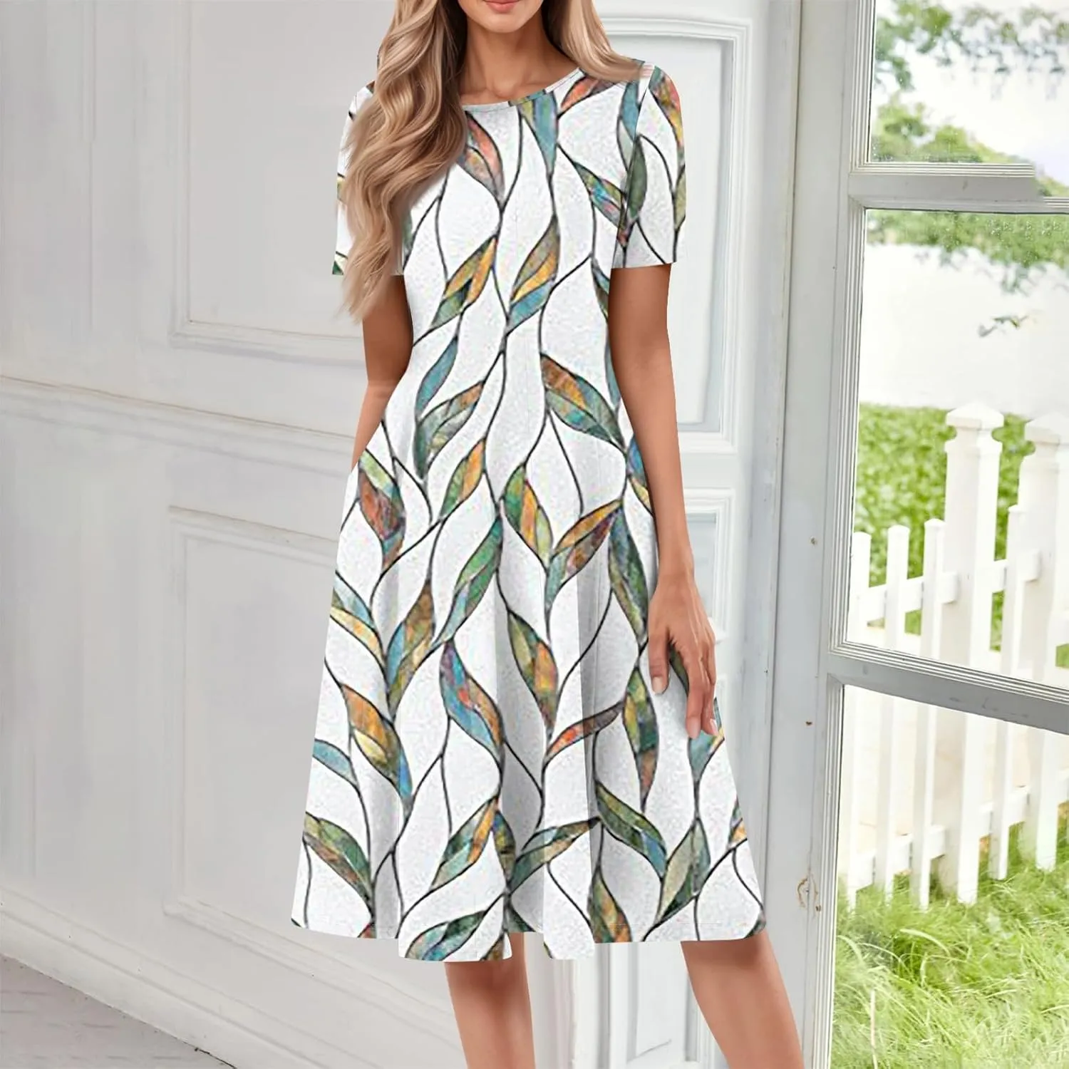 Womens Summer Dresses Flowy Casual Floral Print Short Sleeve Crew Neck Chic Boho Midi Sundresses with Pockets