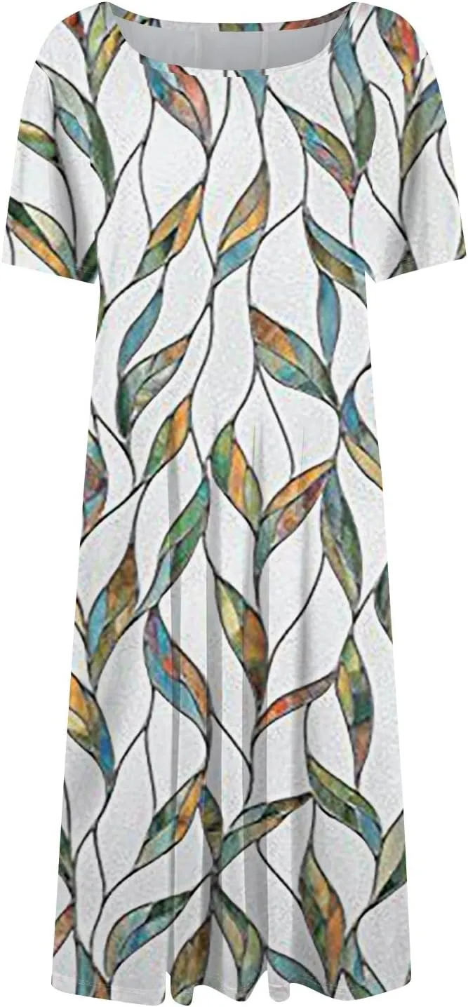 Womens Summer Dresses Flowy Casual Floral Print Short Sleeve Crew Neck Chic Boho Midi Sundresses with Pockets