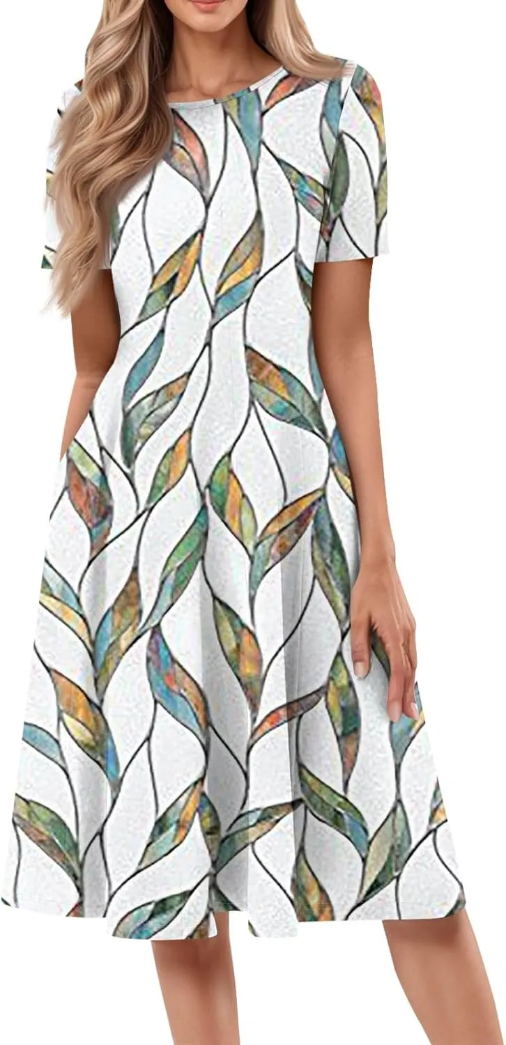 Womens Summer Dresses Flowy Casual Floral Print Short Sleeve Crew Neck Chic Boho Midi Sundresses with Pockets