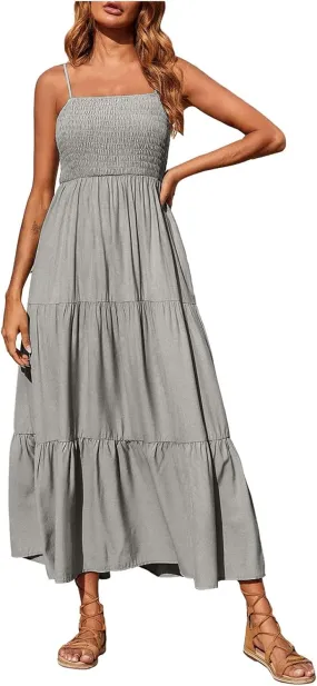 Womens Summer Maxi Dress Spaghetti Strap Smocked Sundress Flowy Tiered Beach Dresses Boho Long Dress Cruise Outfits