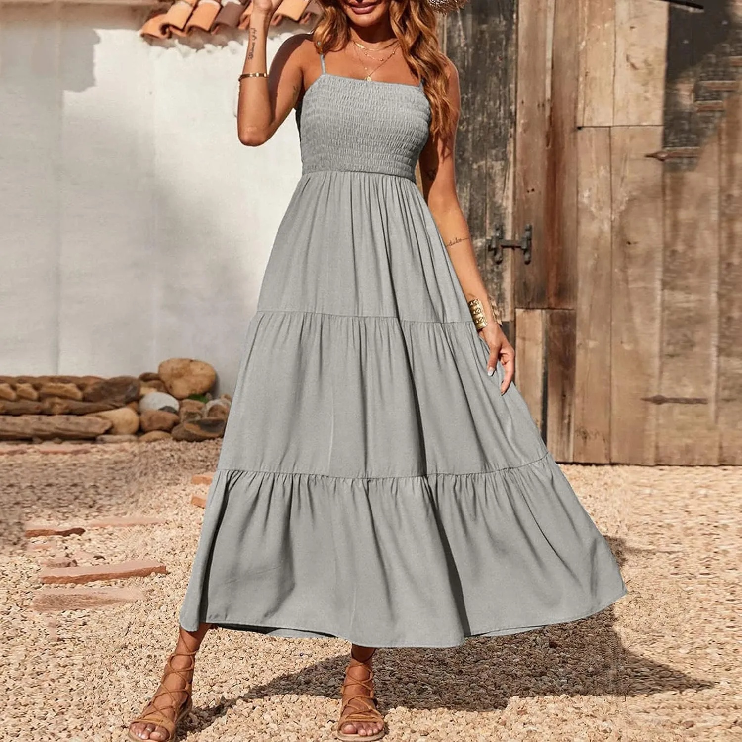 Womens Summer Maxi Dress Spaghetti Strap Smocked Sundress Flowy Tiered Beach Dresses Boho Long Dress Cruise Outfits