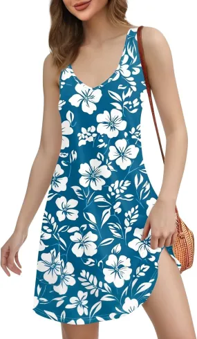 Women's Summer Tank Dresses with Pockets - Loose Sleeveless V-Neck Floral Boho Mini Sundress Beach Cover Ups