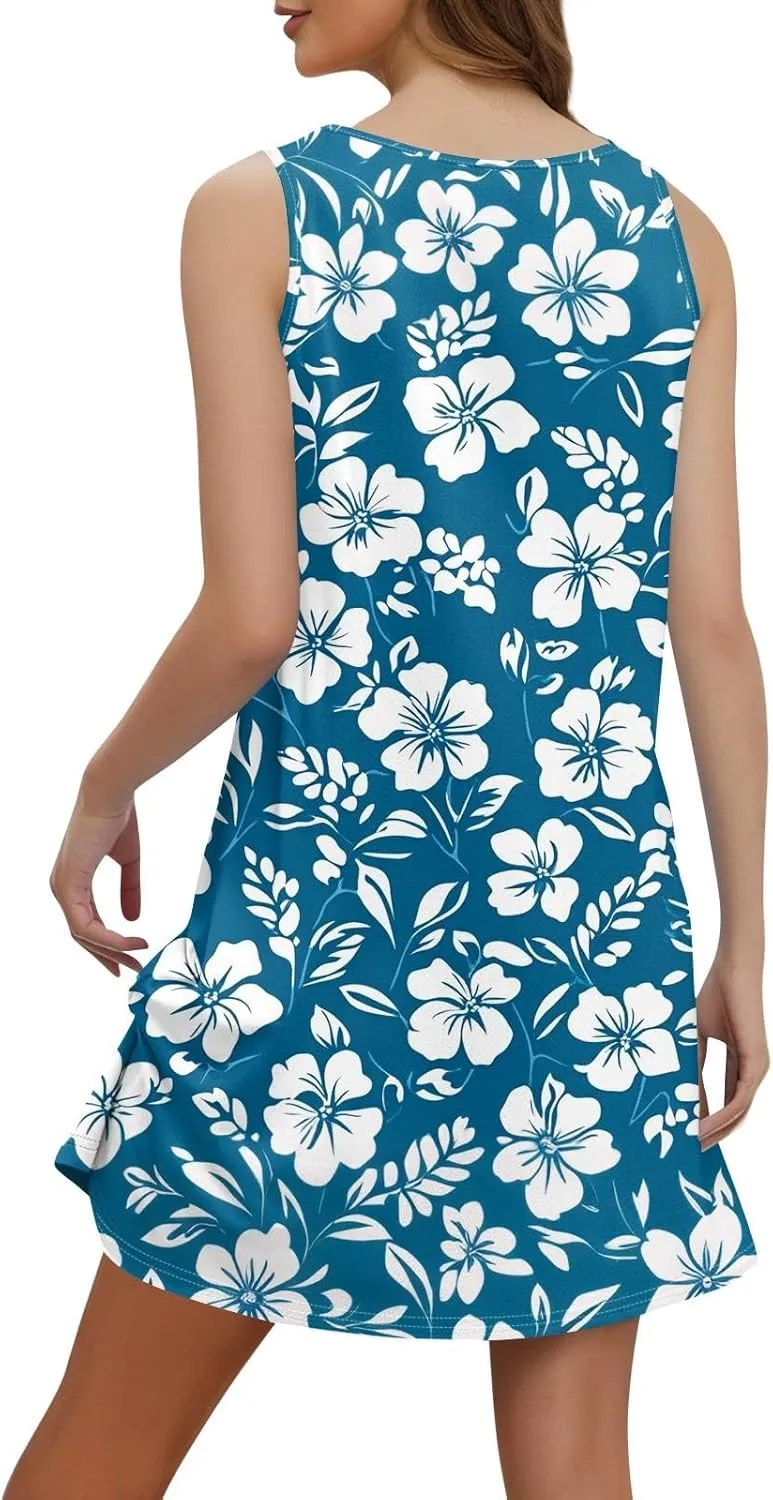 Women's Summer Tank Dresses with Pockets - Loose Sleeveless V-Neck Floral Boho Mini Sundress Beach Cover Ups