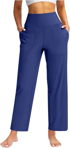 Womens Wide Leg Pants Tummy Control Athletic Workout Pants Comfy Solid Color High Waisted Casual Pants with Pockets