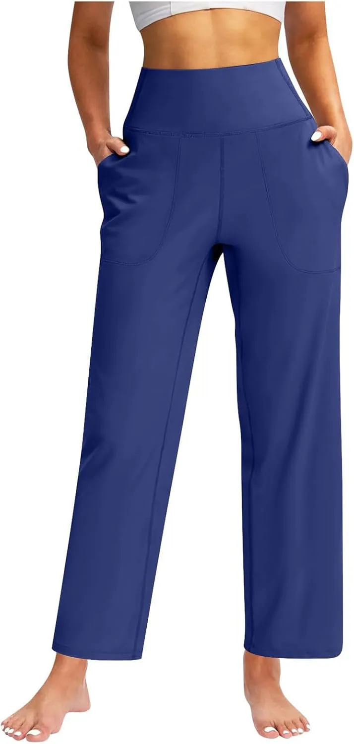 Womens Wide Leg Pants Tummy Control Athletic Workout Pants Comfy Solid Color High Waisted Casual Pants with Pockets