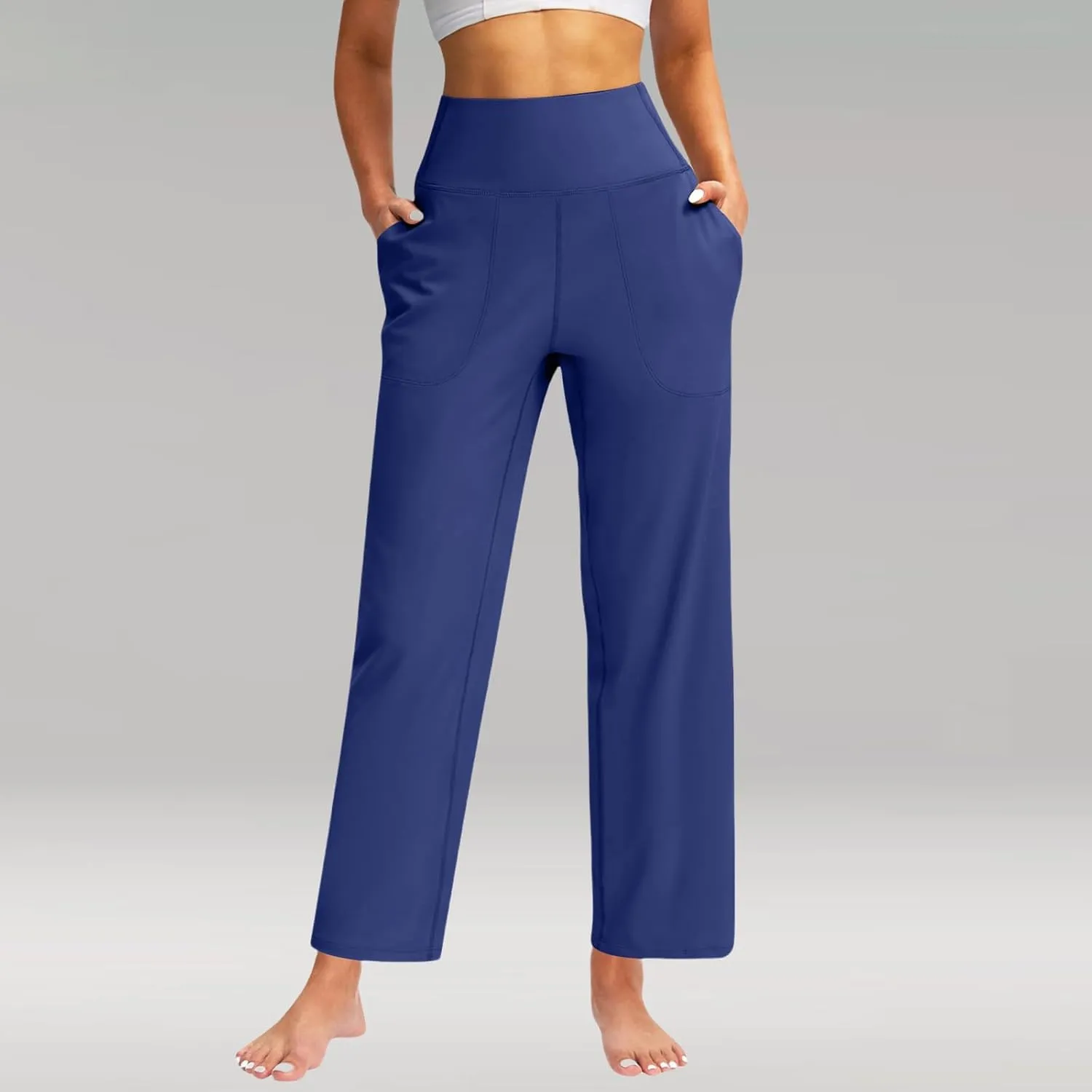 Womens Wide Leg Pants Tummy Control Athletic Workout Pants Comfy Solid Color High Waisted Casual Pants with Pockets