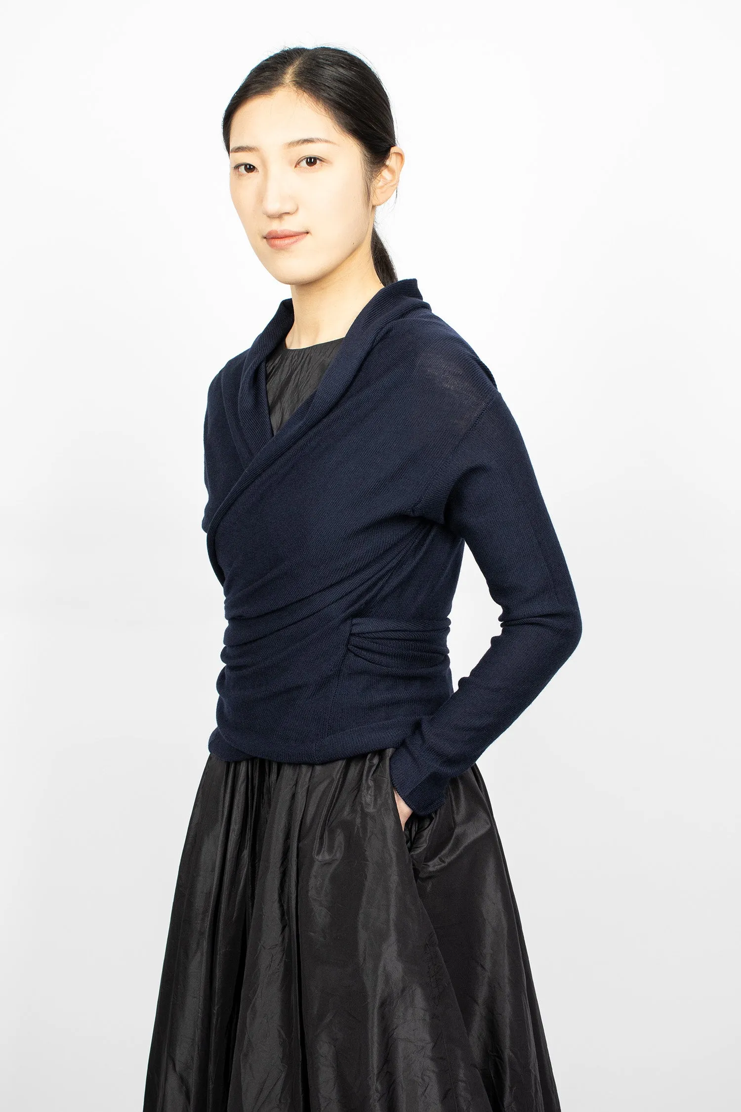 Wrap Knit Cardigan Navy Blue Wool