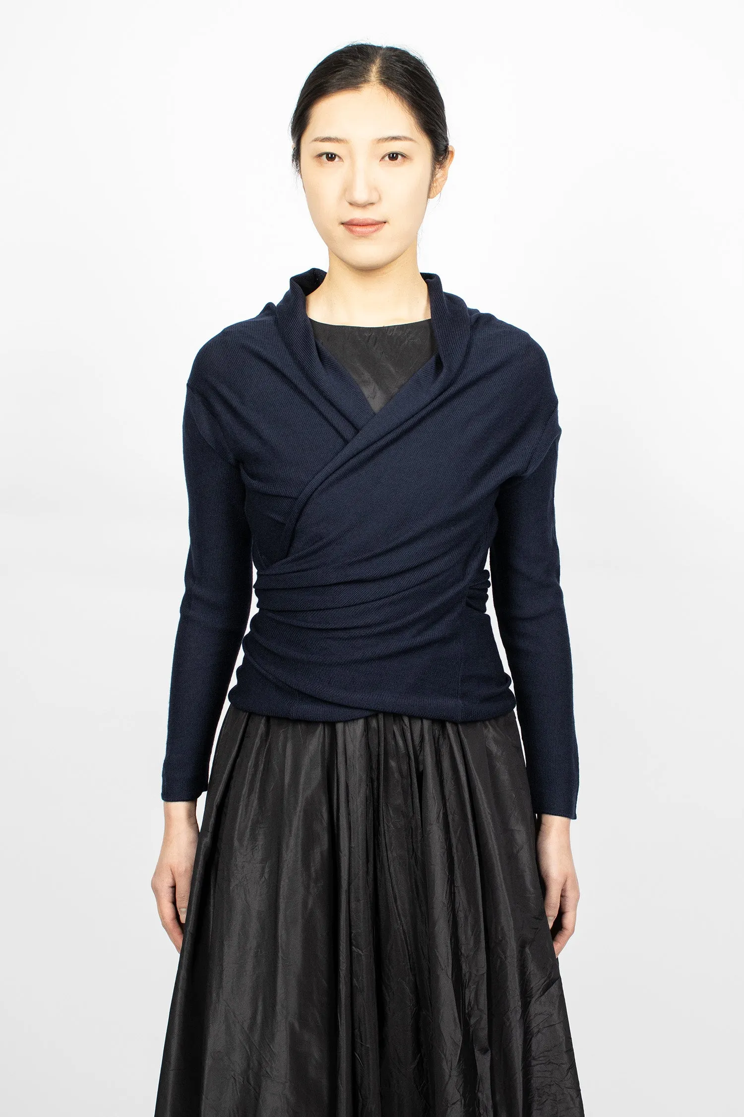 Wrap Knit Cardigan Navy Blue Wool