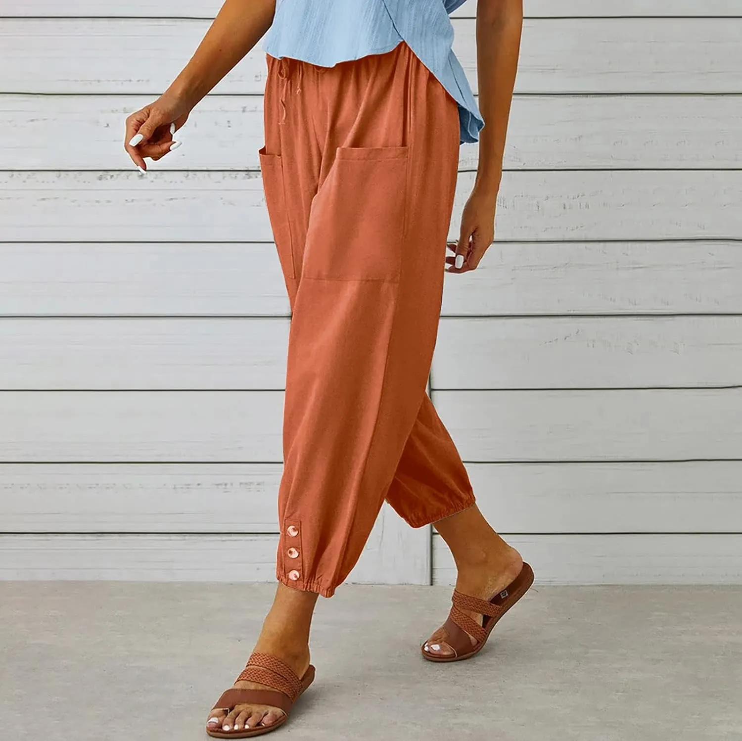 yoeasy Women Cotton and Linen Drawstring Capri Pants Casual High Waist Pocket Cropped Pants