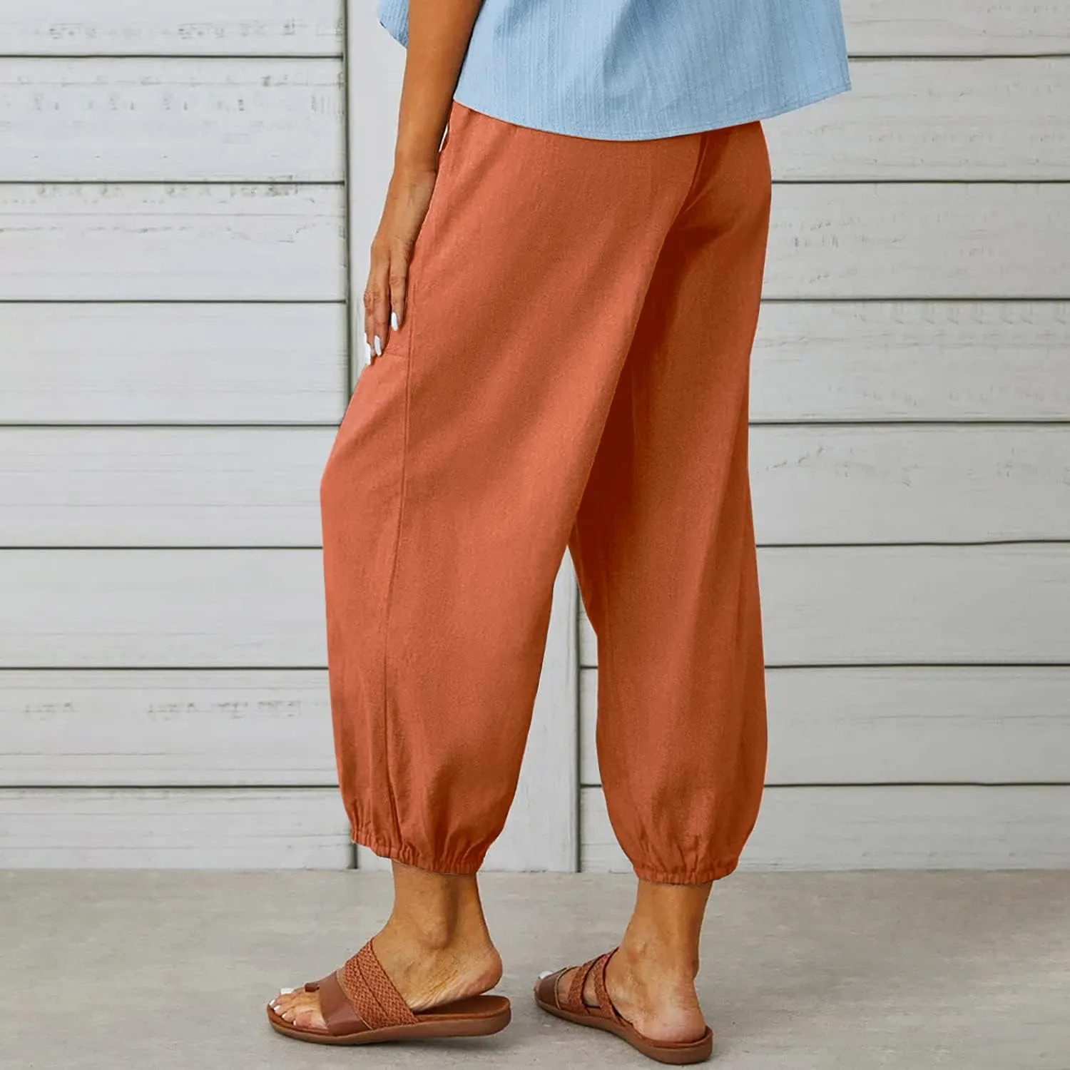 yoeasy Women Cotton and Linen Drawstring Capri Pants Casual High Waist Pocket Cropped Pants