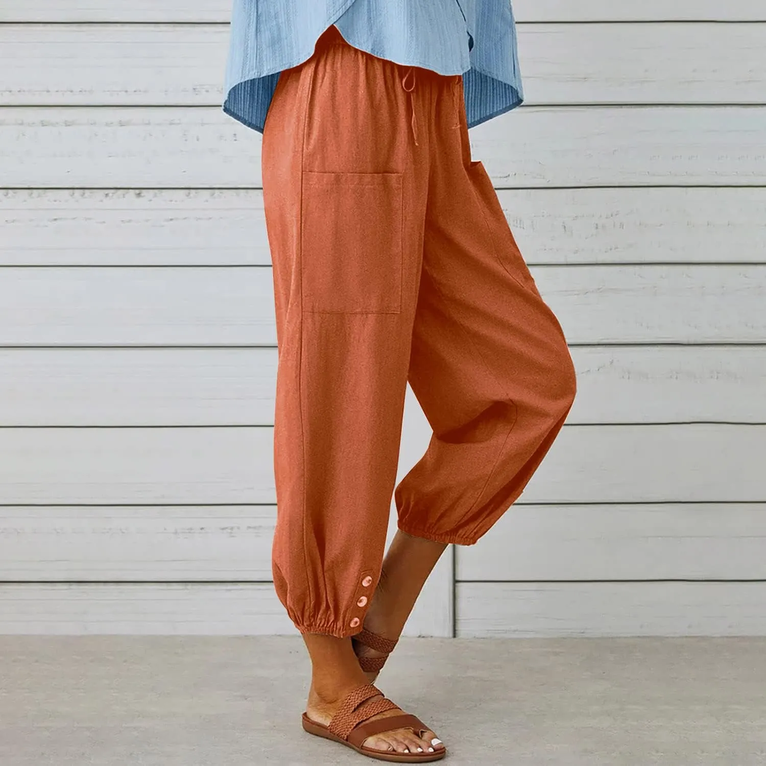 yoeasy Women Cotton and Linen Drawstring Capri Pants Casual High Waist Pocket Cropped Pants