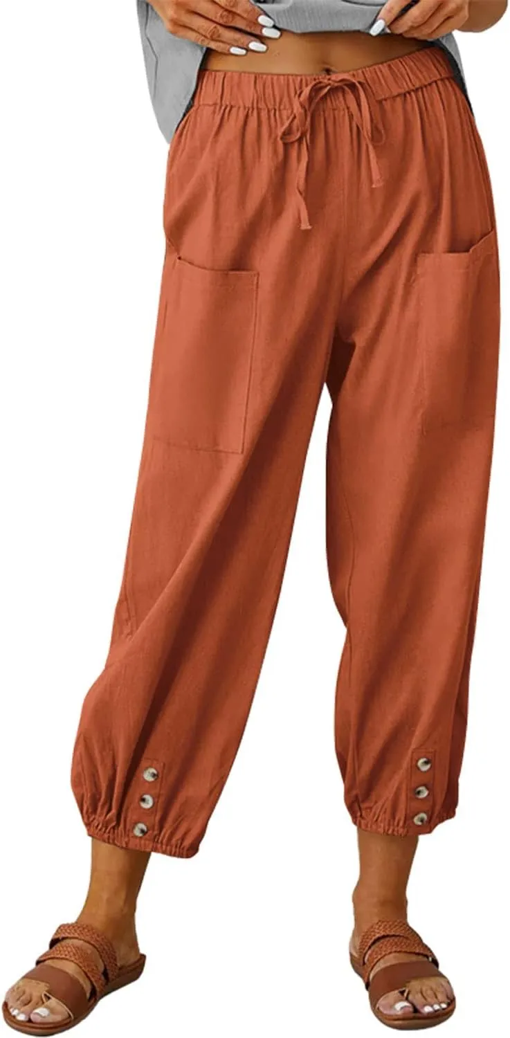 yoeasy Women Cotton and Linen Drawstring Capri Pants Casual High Waist Pocket Cropped Pants